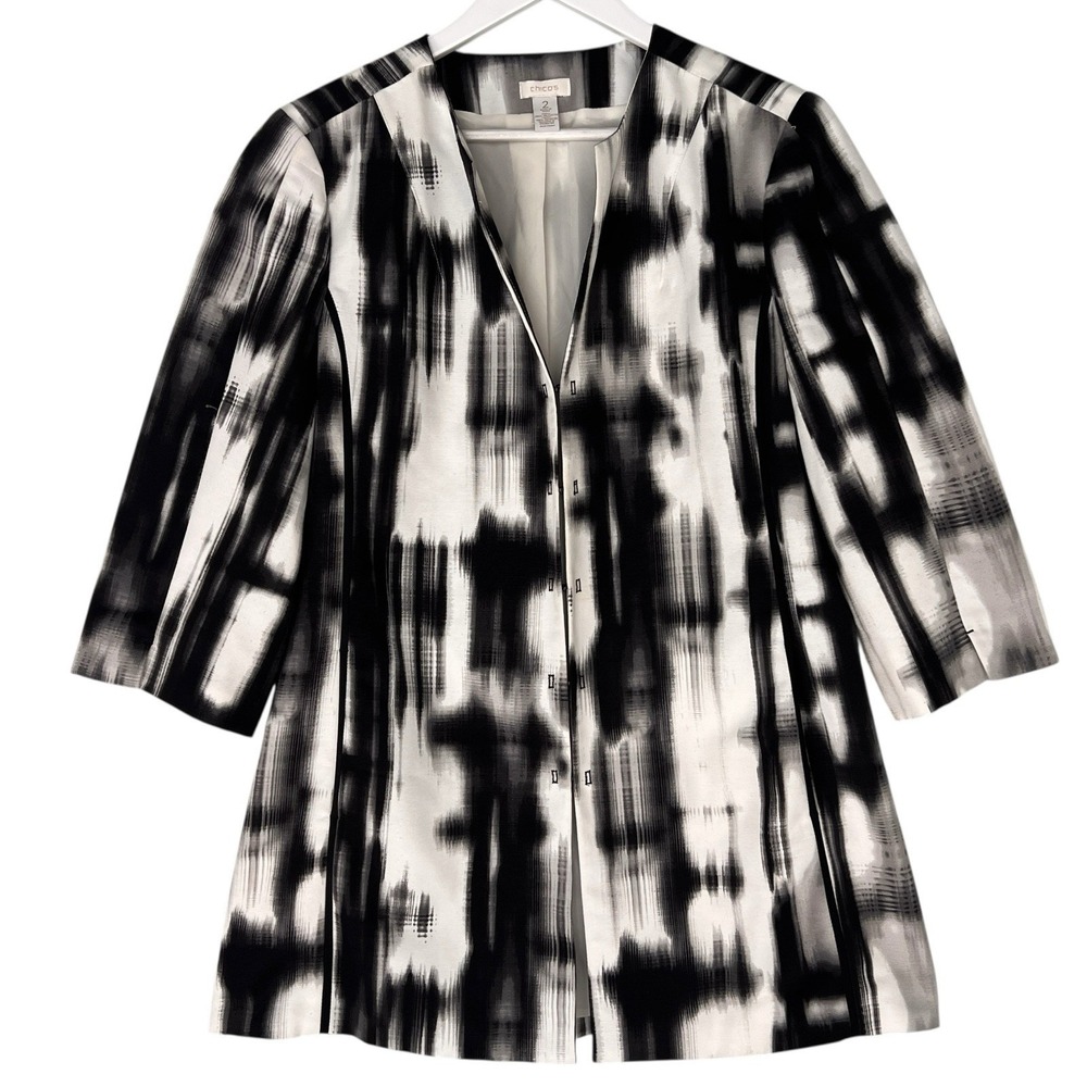 Chicos 2 (12/14)  Black White Abstract Print Jacket 3/4 Sleeve‎ Career Artsy